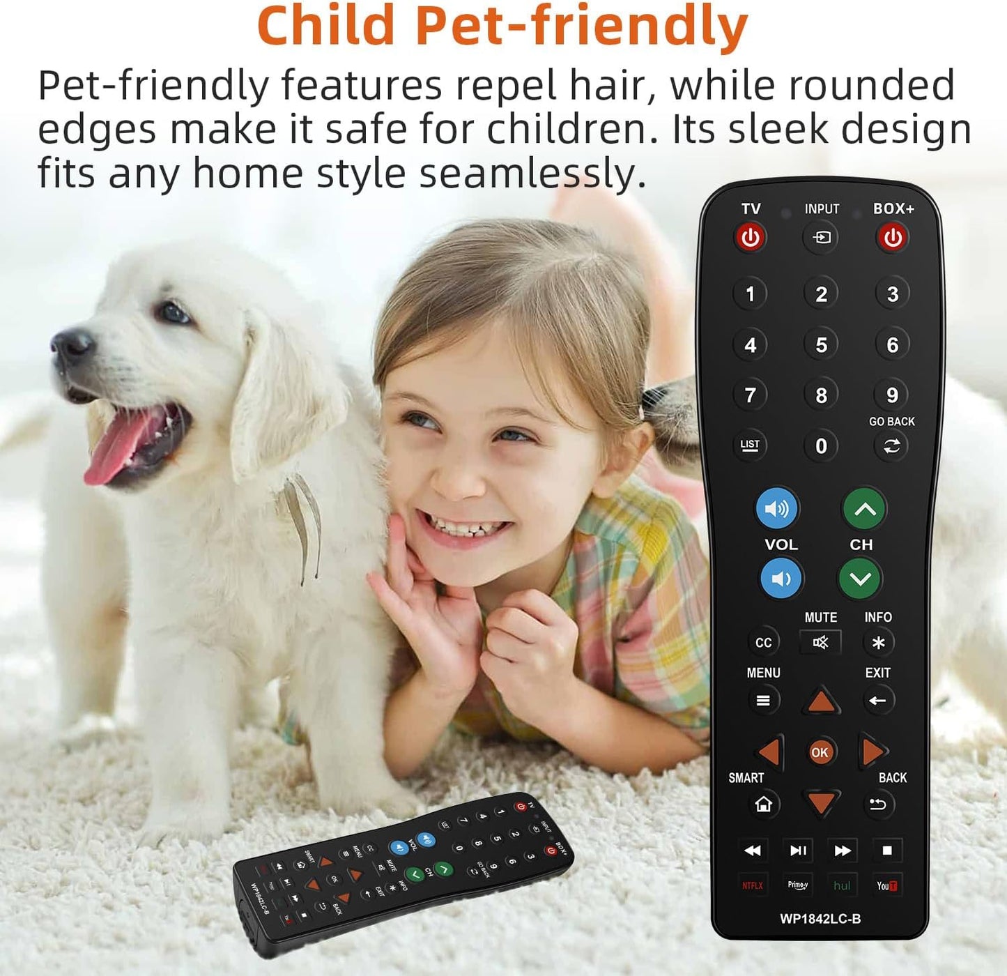 Waterproof Universal TV Remote Control for TV, Audio System, Cable/Satellite Box, DVD Player, Roku TV, Apple TV, Easy Clean - 2 in 1(WP-1842B)