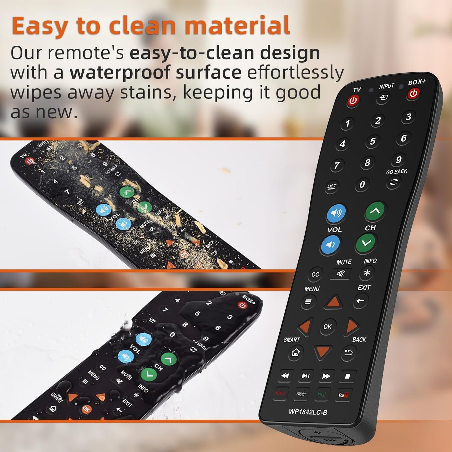 Waterproof Universal TV Remote Control for TV, Audio System, Cable/Satellite Box, DVD Player, Roku TV, Apple TV, Easy Clean - 2 in 1(WP-1842B)