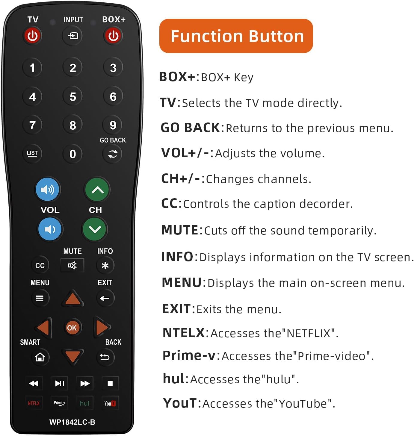 Waterproof Universal TV Remote Control for TV, Audio System, Cable/Satellite Box, DVD Player, Roku TV, Apple TV, Easy Clean - 2 in 1(WP-1842B)