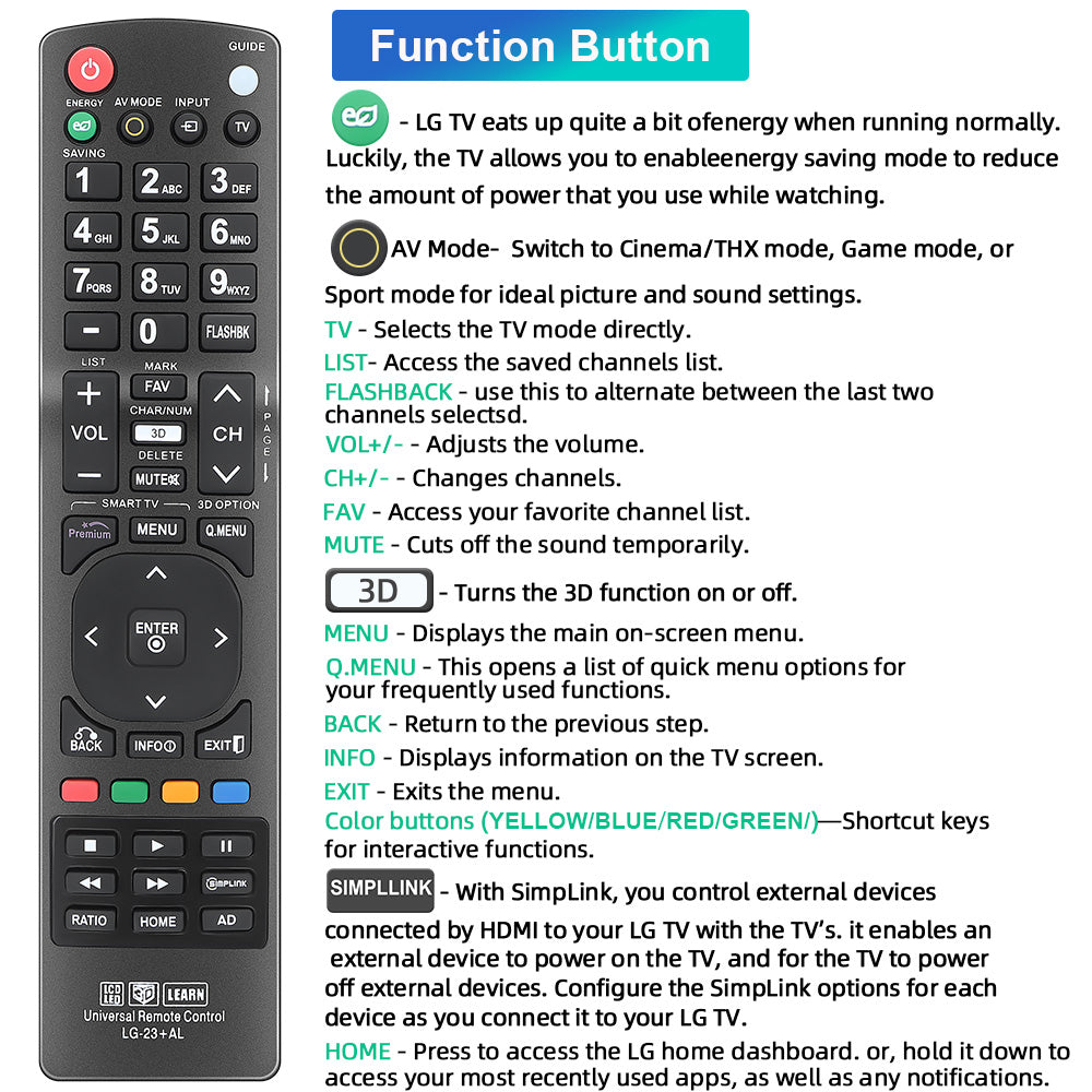 Nettech New LG AKB72915239 Universal Remote Control for All LG Brand TV, Smart TV - 1 Year Warranty(LG-23+AL)