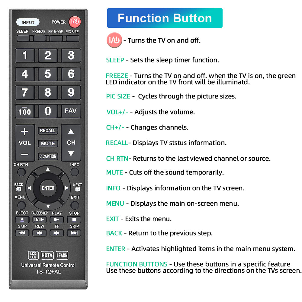 New Toshiba CT-90325 Universal Remote Control for All Toshiba BRAND TV, Smart TV - 1 Year Warranty(TS-12+AL)
